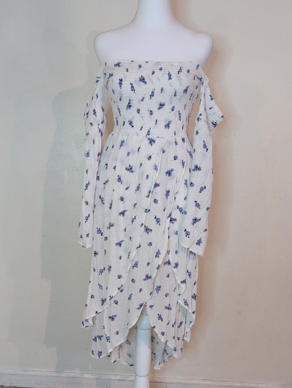 Lucy Love White Off-Shoulder Dress with Blue Floral Print